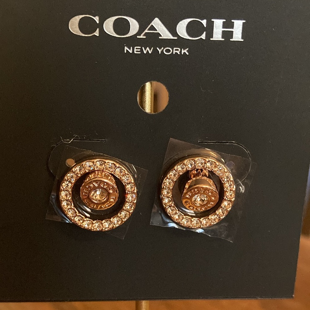 Coach Signature Rose Gold-Tone Halo Pave Crystal Stud Earrings w/Dust Ba…